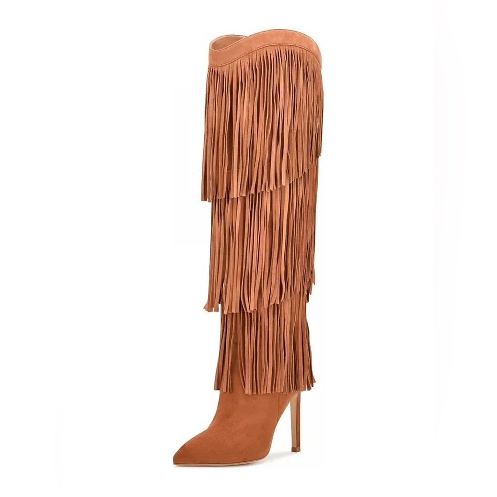 Nine West Fringe Suede Tan High Heel Boots 7